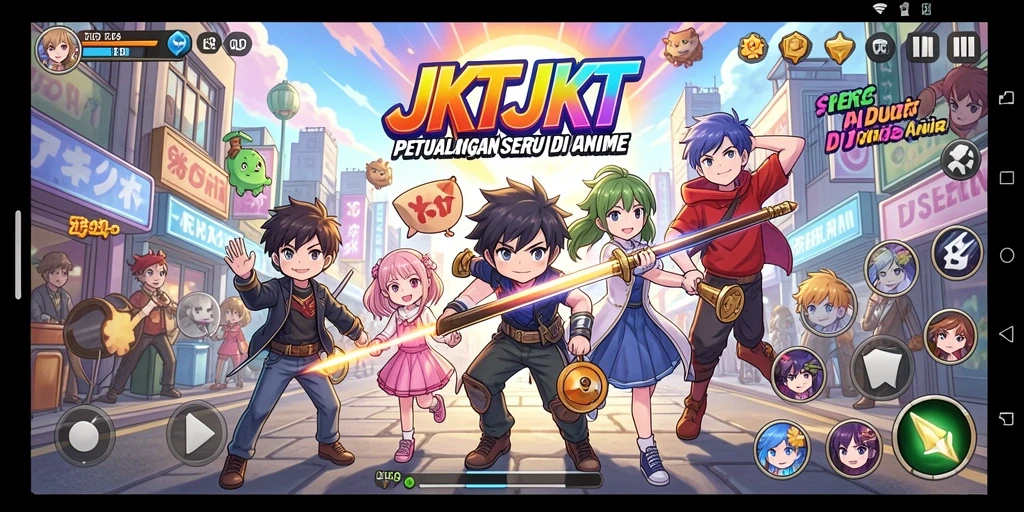 Screenshot gameplay JKTJKT dengan karakter anime yang menarik dan aksi seru.