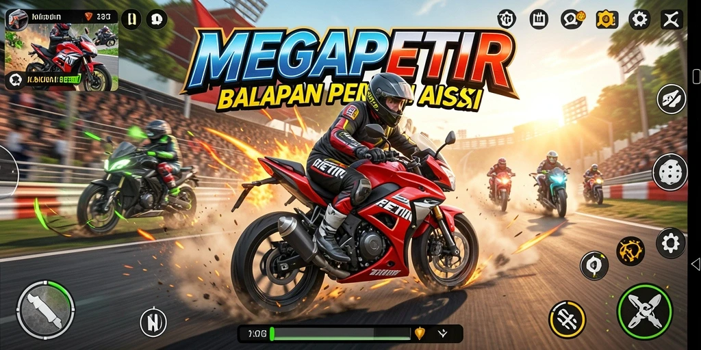 Gameplay seru MEGAPETIR dengan balapan motor yang mendebarkan.