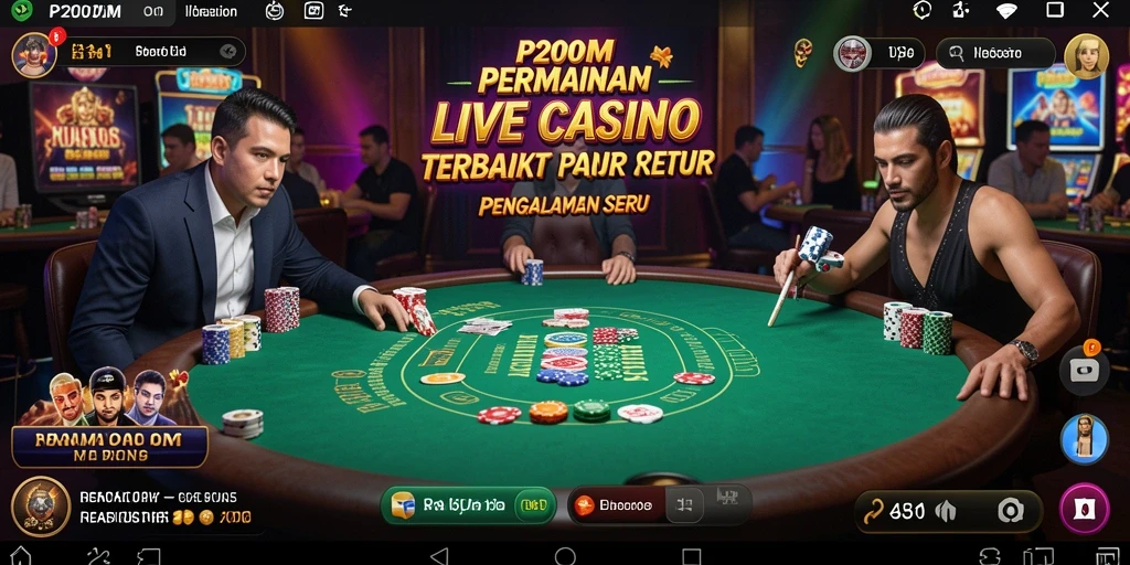 Screenshot gameplay P200M menampilkan dealer langsung dan suasana kasino yang menegangkan.