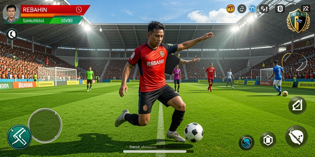 Screenshot gameplay REBAHIN menampilkan momen seru di lapangan sepak bola.